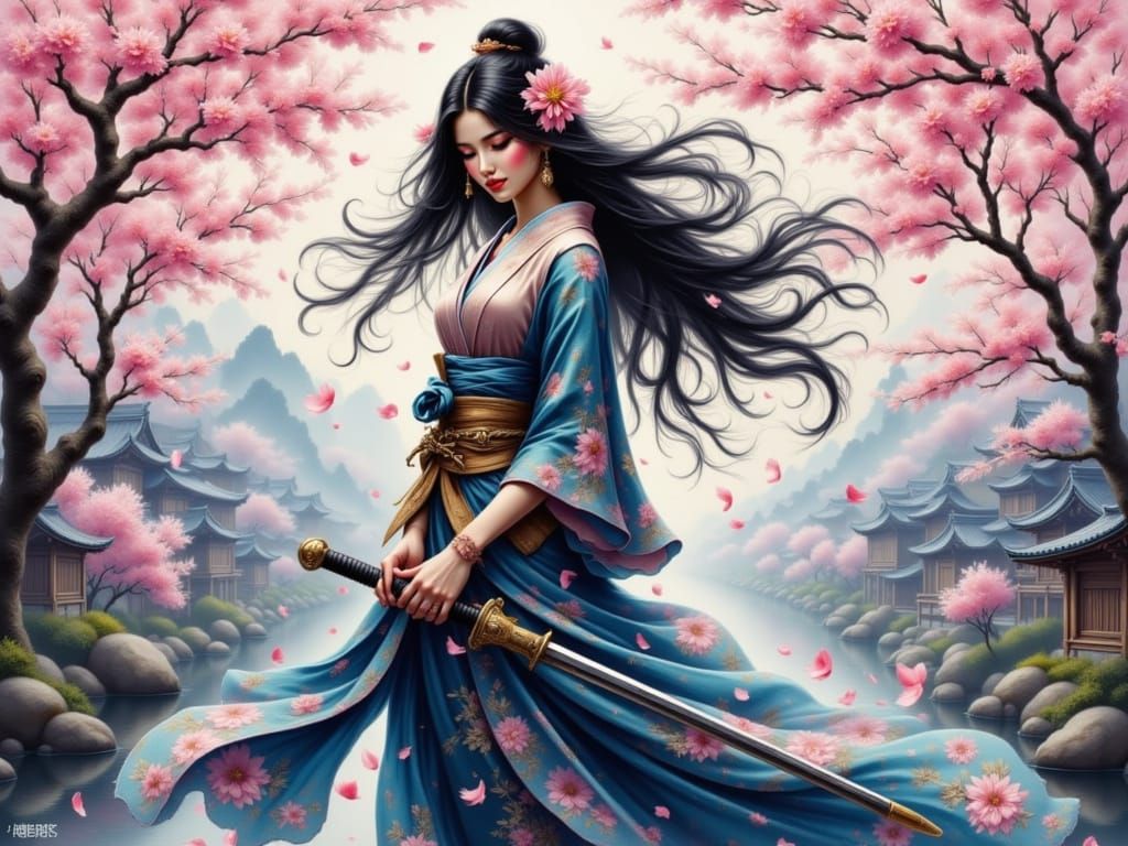 Dreamy Japanese Female Samurai in Cherry Blossom Hues