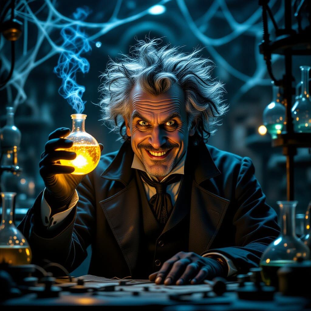 Gothic Scientist with Glowing Vial in Laboratory