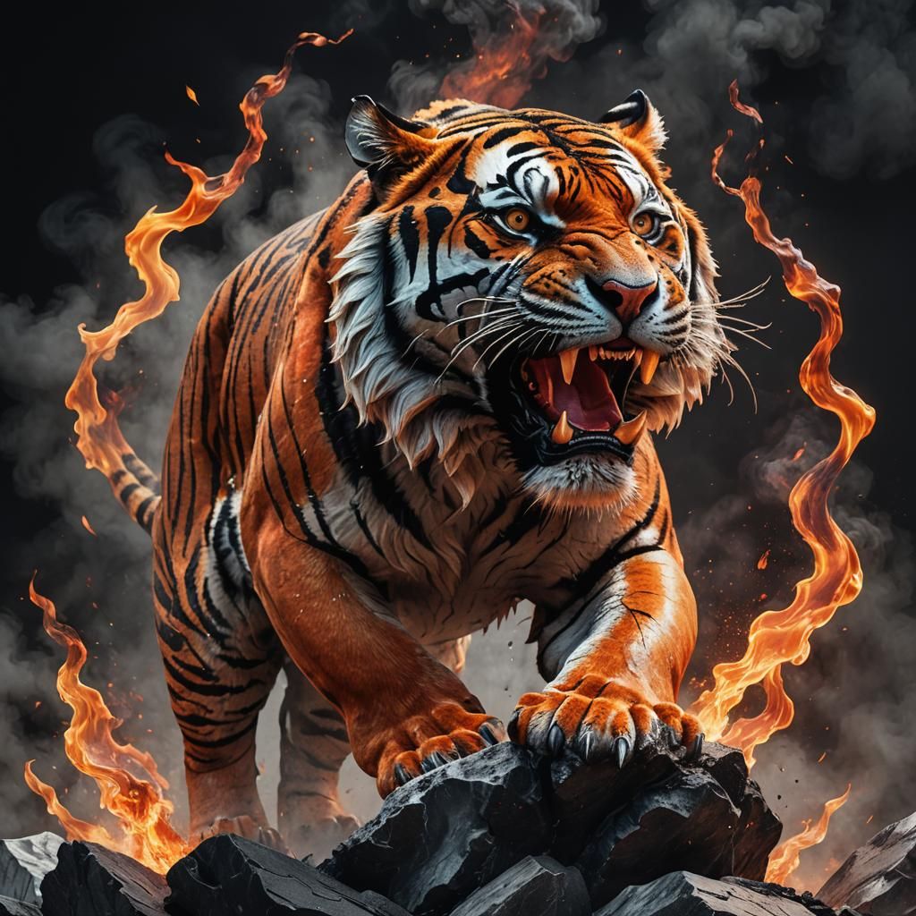 Fiery Coal Tiger Leaping in Digital Art