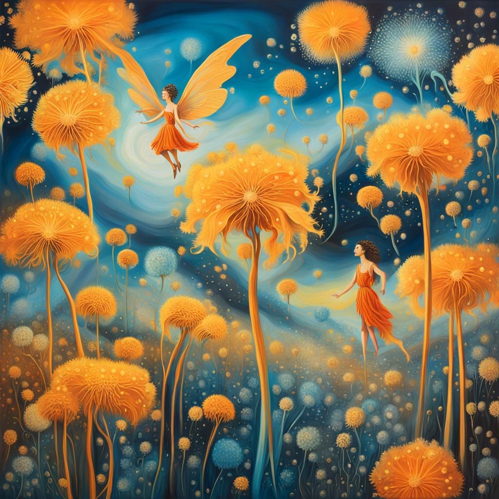 Winged Fairies in a Surrealist Dandelion Dreamscape
