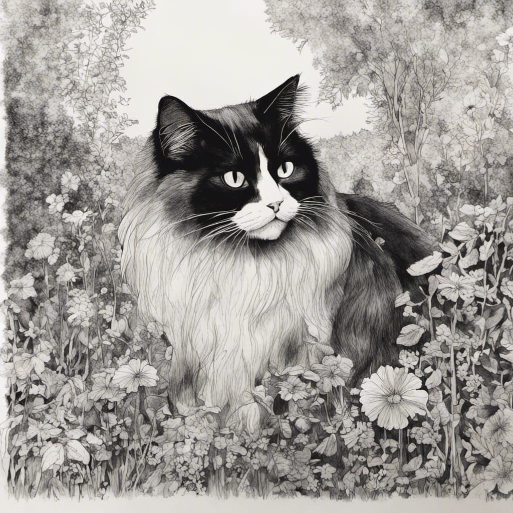 Ragdoll Cat in Garden: Ink Drawing