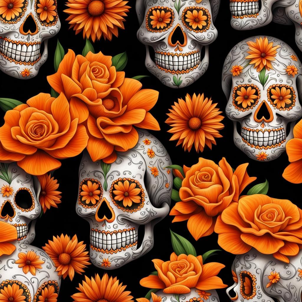 Hyperrealistic Sugar Skulls and Orange Flowers