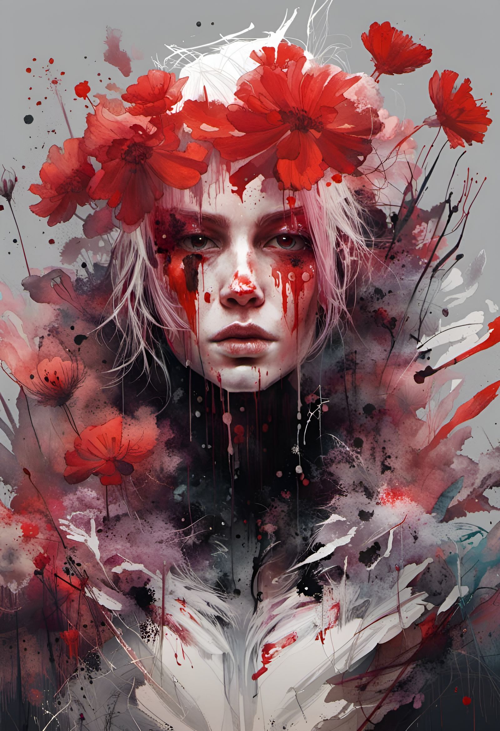 Aetherpunk Angel Portrait with Ink Drips and Wings