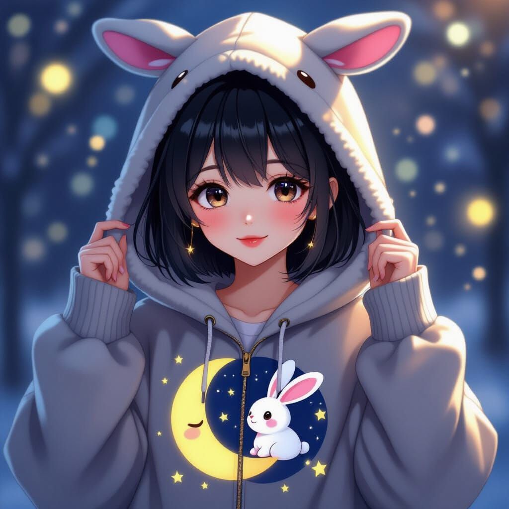 Kawaii Anime Girl in Hoodie with Moon Rabbit Design