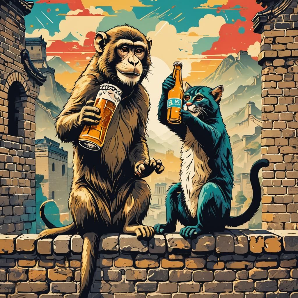 Monkey and Cat Party on Great Wall: Pop Art