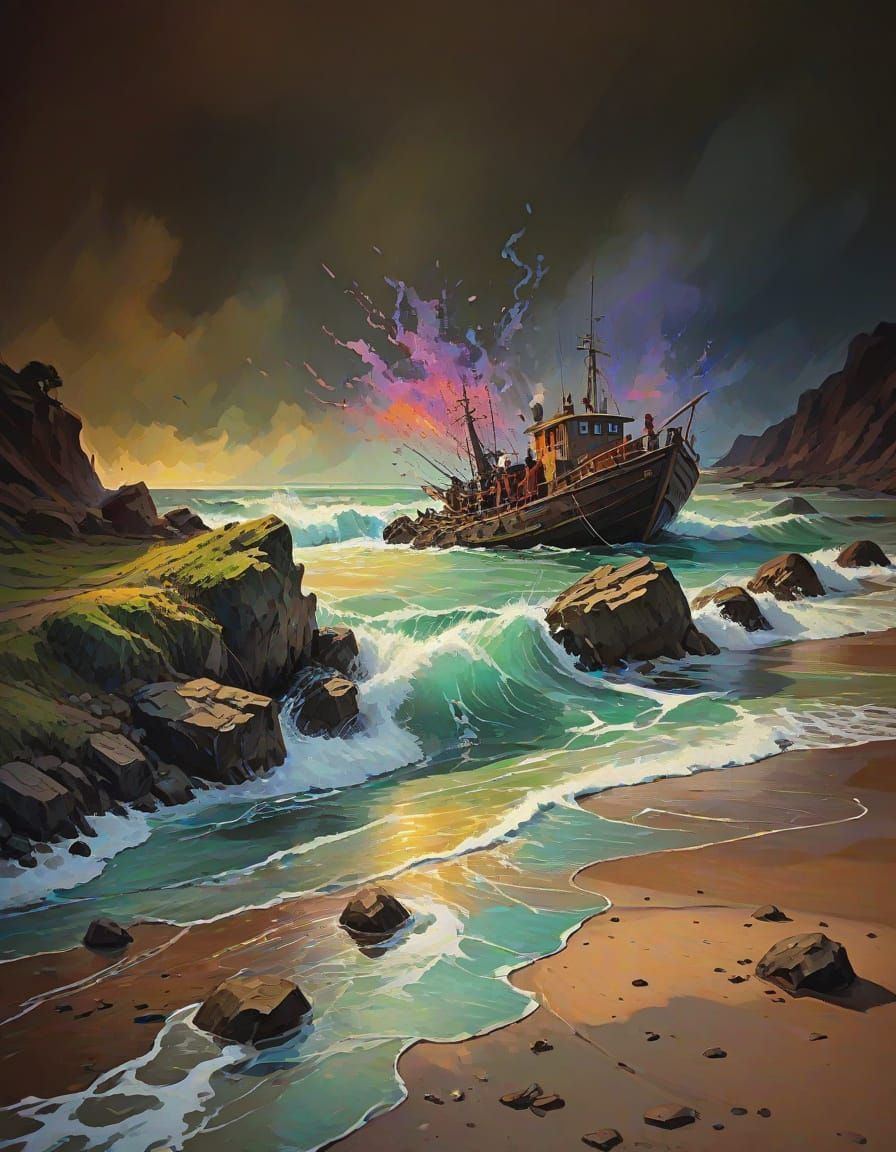 Dramatic Shipwreck in Expressionist Oil Painting Style