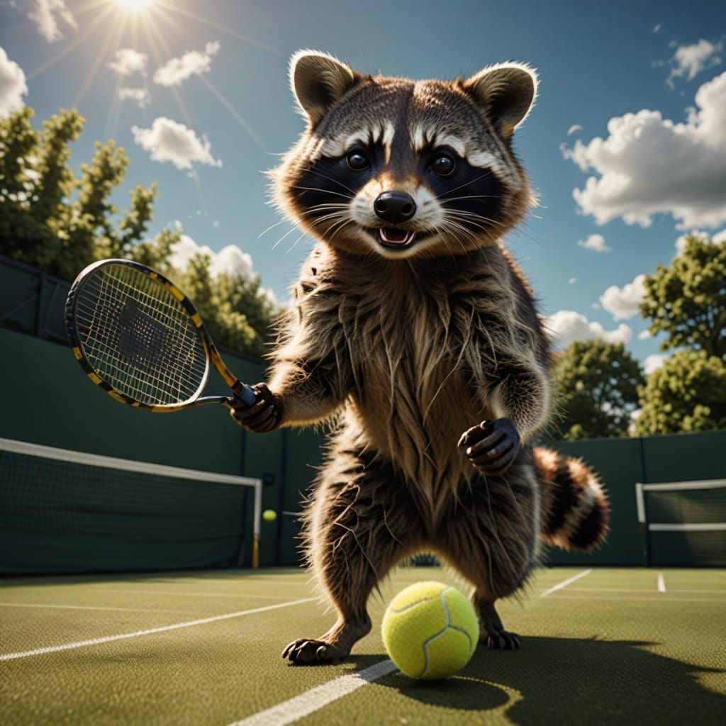 Raccoon Plays Tennis at Wimbledon: Photorealistic Splash Art