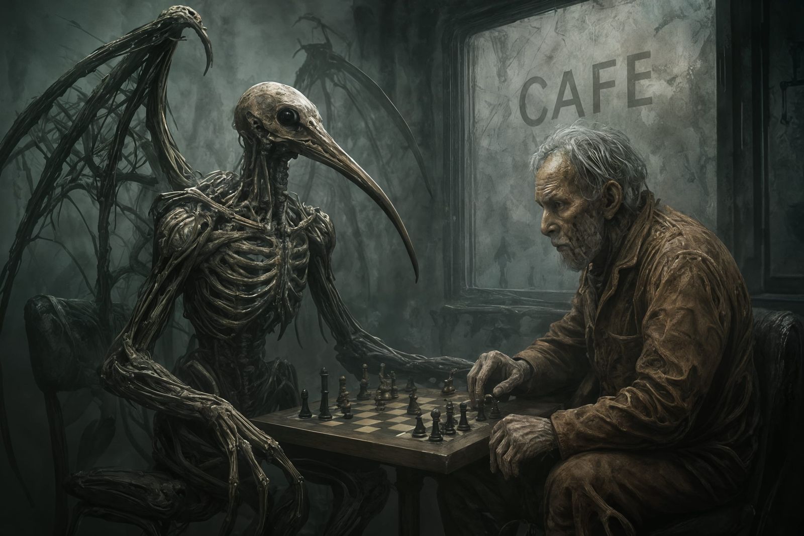 Biomechanical Creature Plays Chess in Post-Apocalyptic Cafe