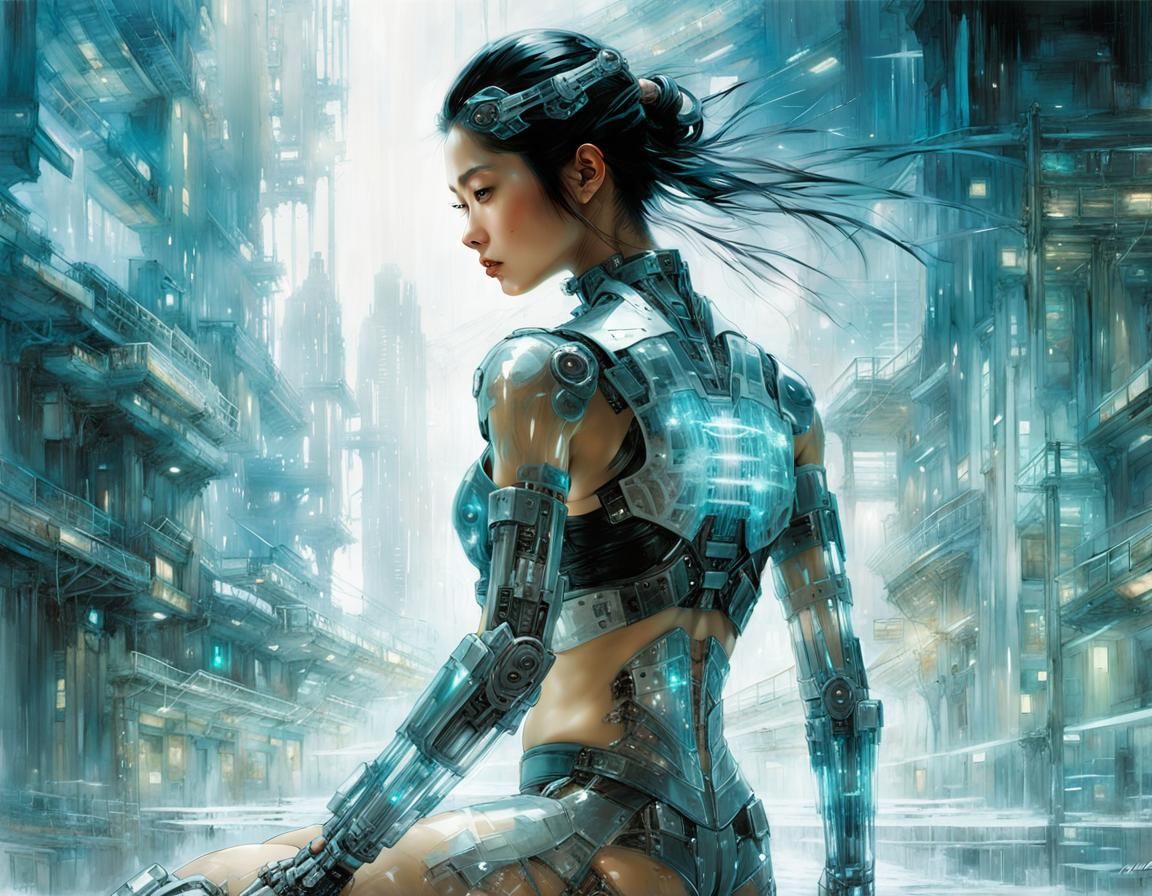 Cyborg Woman with Transparent Body in Futuristic Style