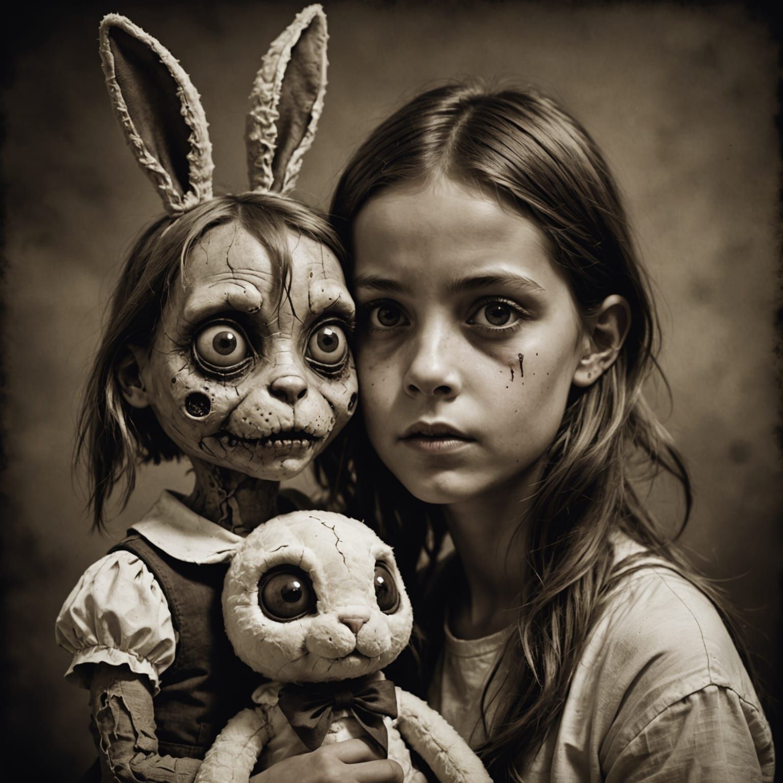Girl with Giant Creepy Zombie Bunny in Vintage Sepia Photo