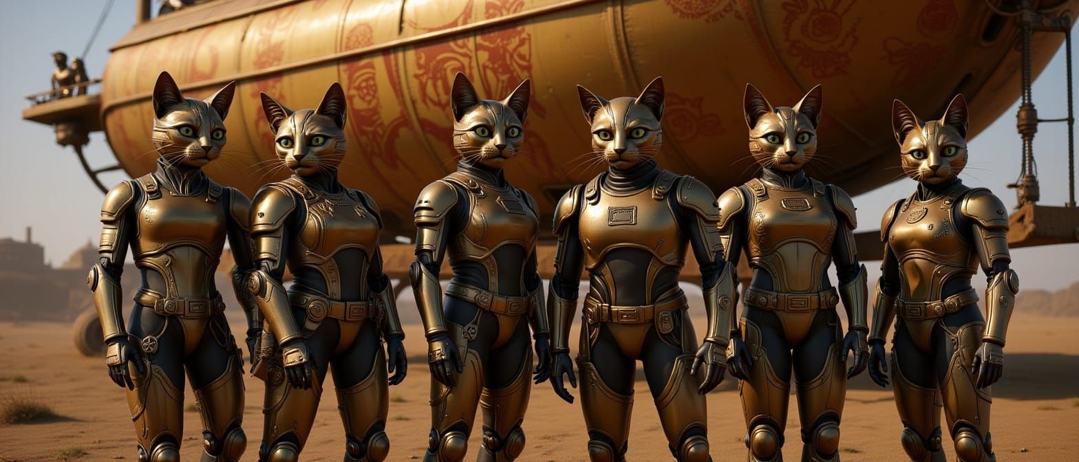 Steampunk Cyborg Cat Goddesses on Airship