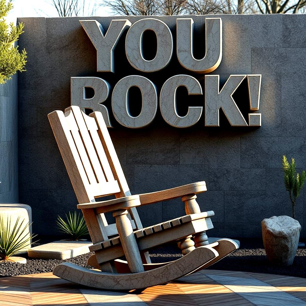 Stone Rocking Chair with Floating Text, Digital Art