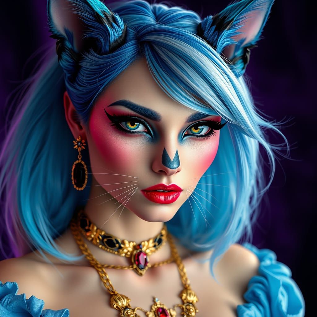 Elegant Demon Cat Woman with Vibrant Blue Hair and Makeup