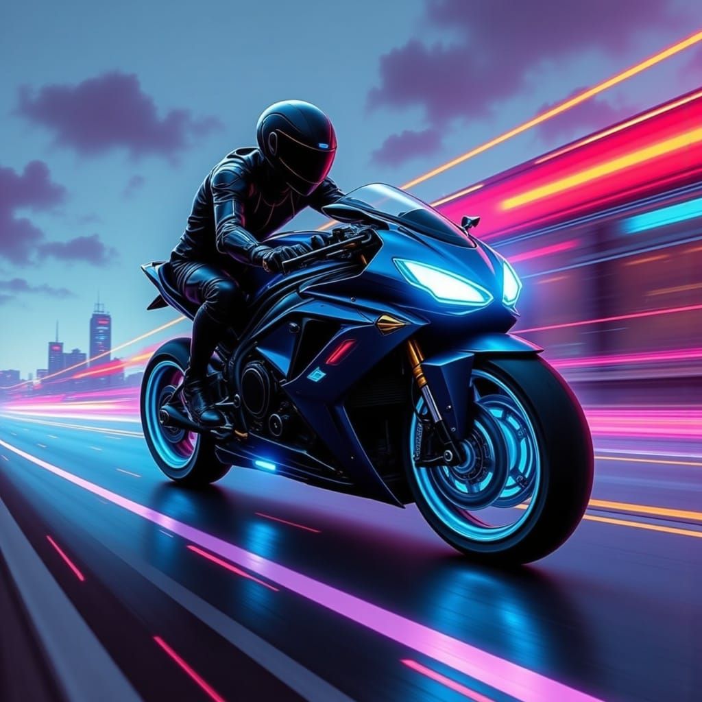 High-Speed Futuristic Motorcycle Rides Down Neon-Lit Highway