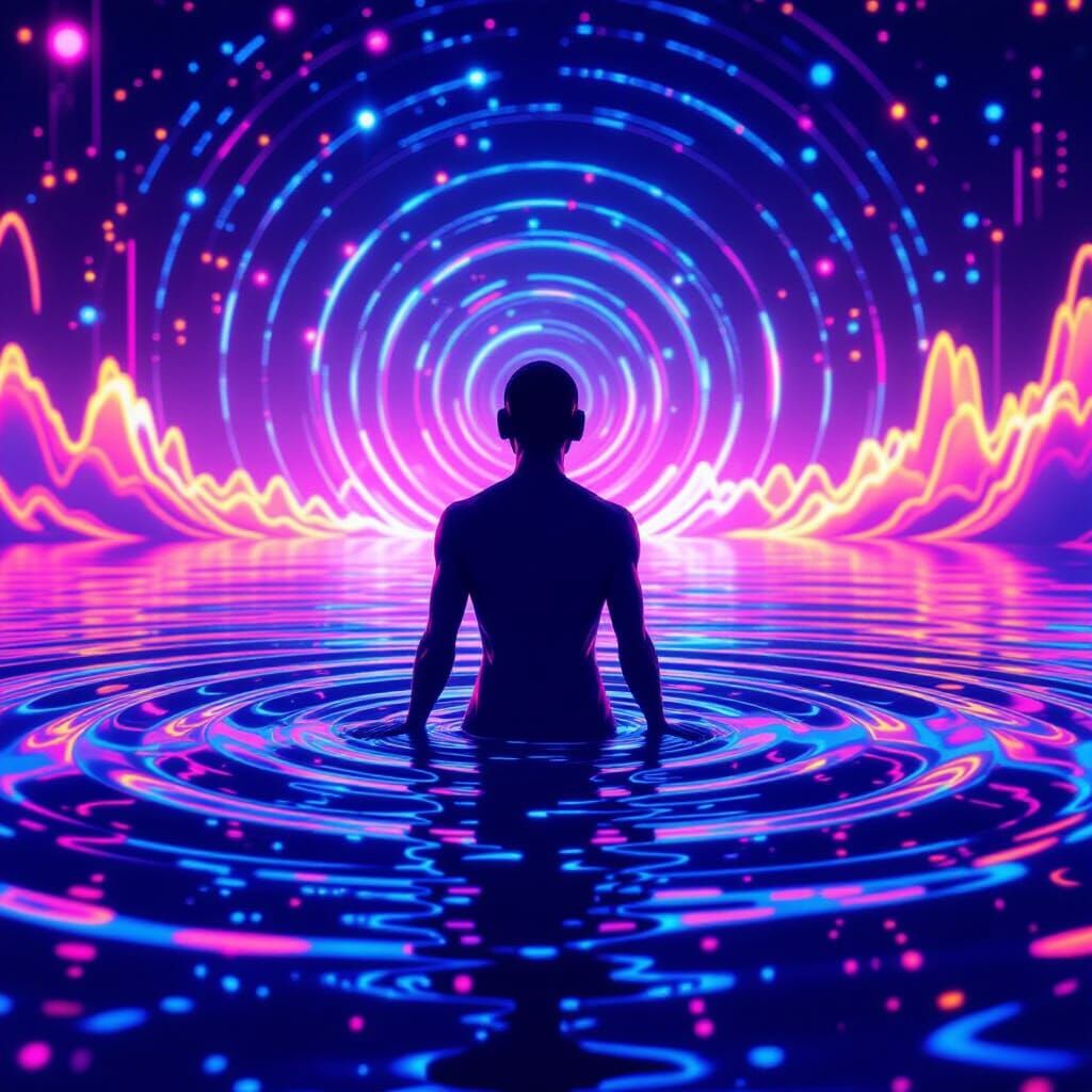 Humanoid Figure in Neon Sound Wave Ocean