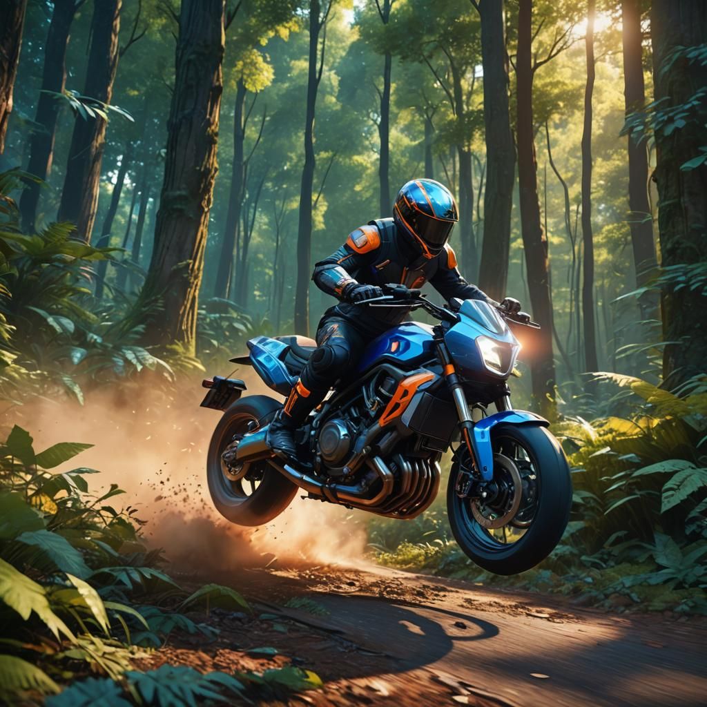 Futuristic Motorcycle Speeds Through Vibrant Forest