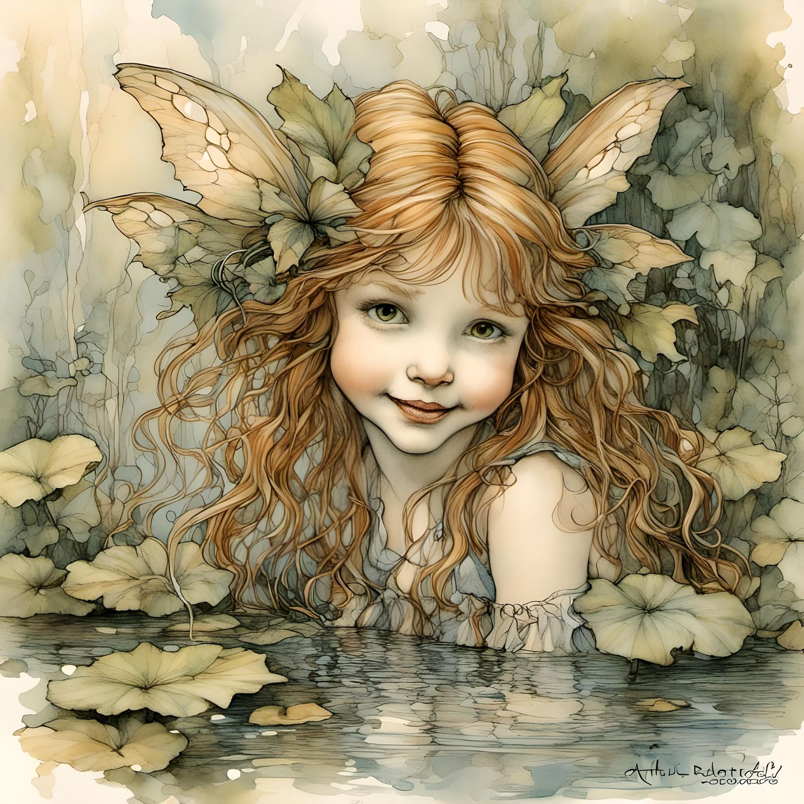 Happy Fairy in Hidden Garden, Watercolor Sketch