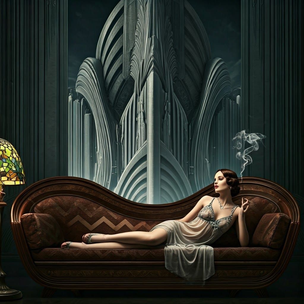 Art Deco Lady Reclining Before Biomechanical Building