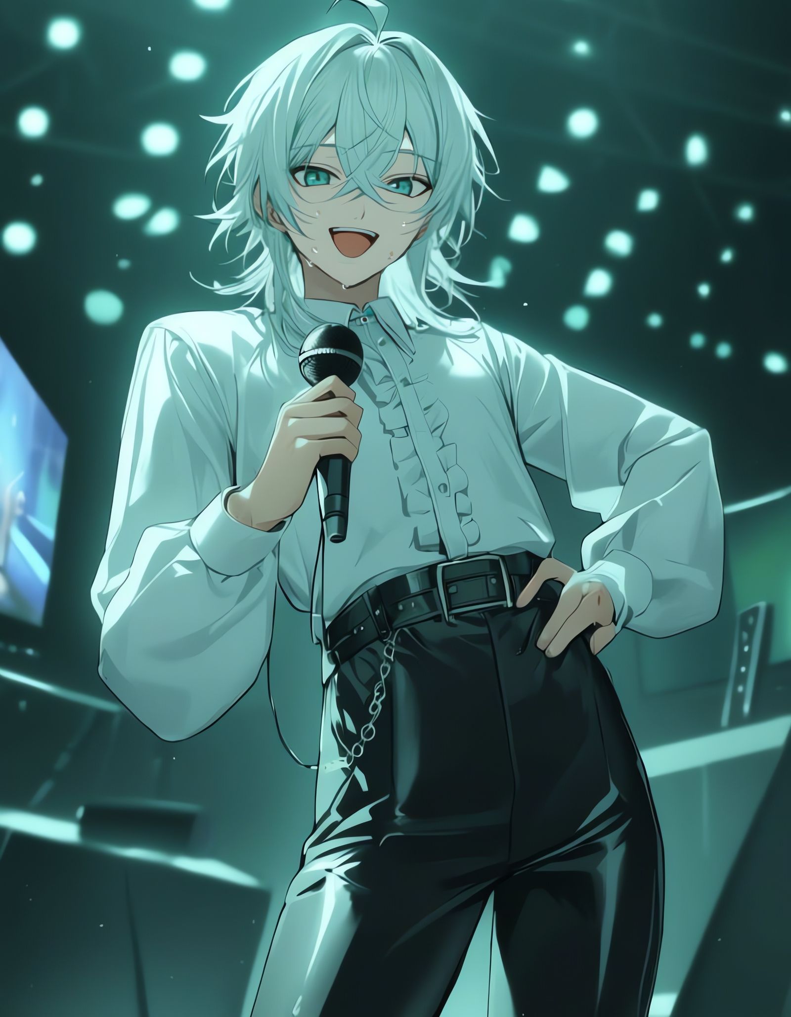 Idol Singer Performs on Aqua Stage in Dynamic Pose