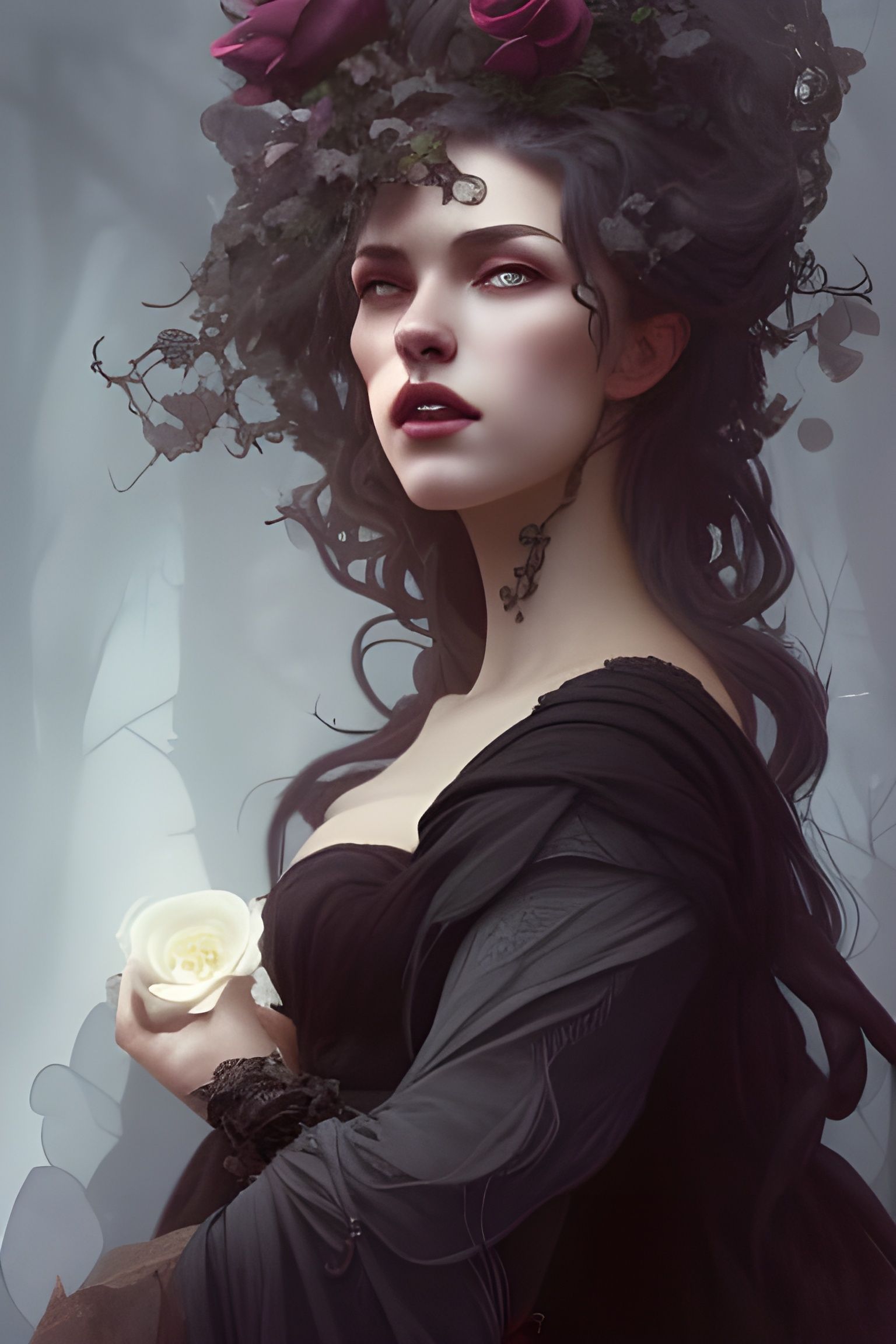 Beautiful Witch Portrait with Dark Roses, Hyperdetailed Art