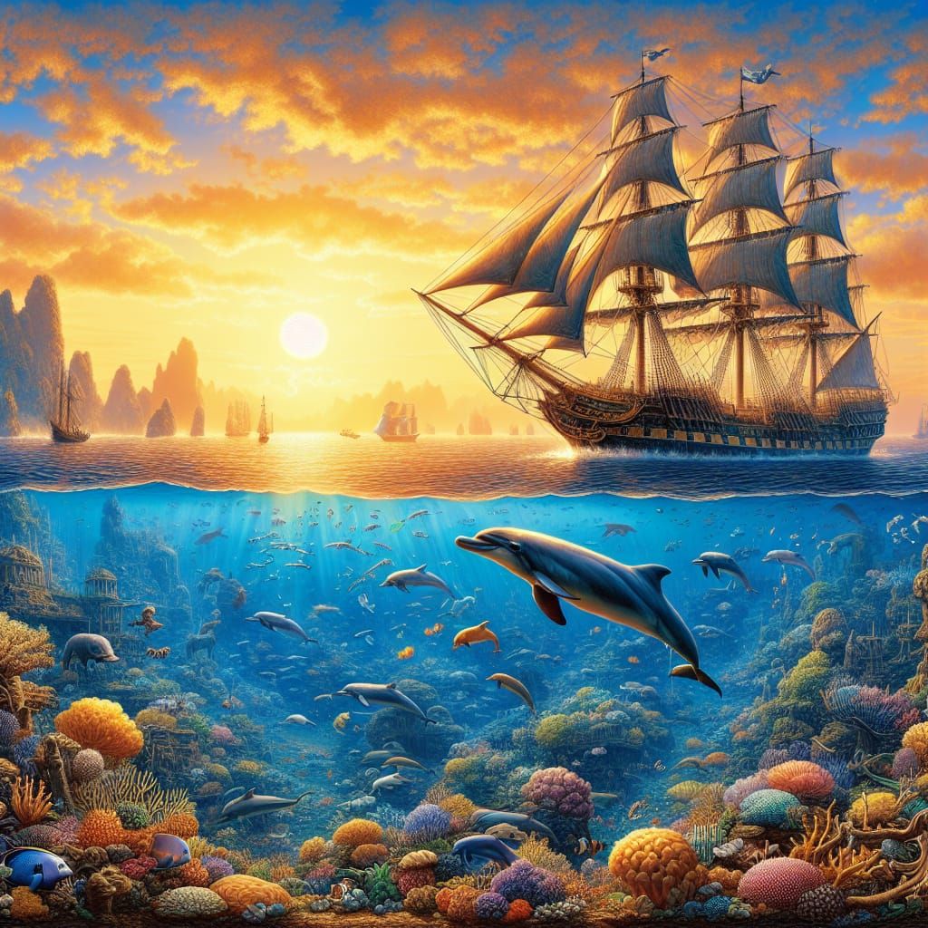 Enormous Underwater World with Diverse Marine Life and Golde...