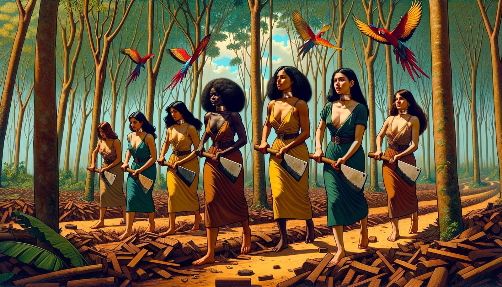 Diverse Women Harvesting Rubber, Post-Impressionist Style