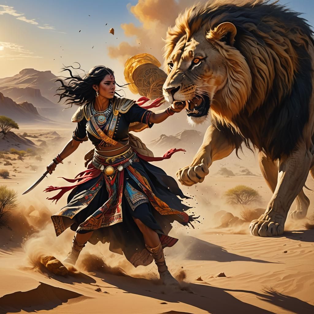 Tribal Warrior Woman Fighting Lion in Desert Landscape