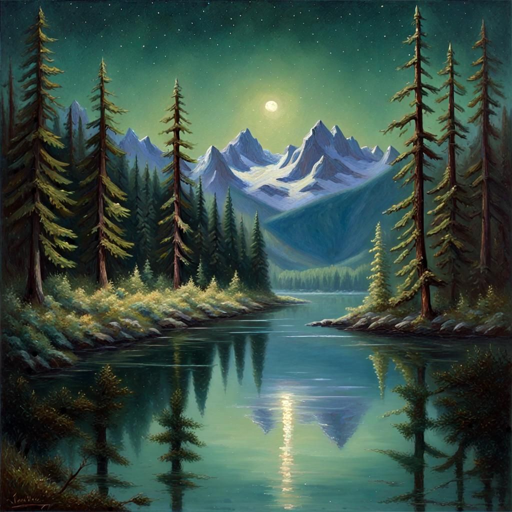 Lush Evergreen Forest and Lake Under Moonlight