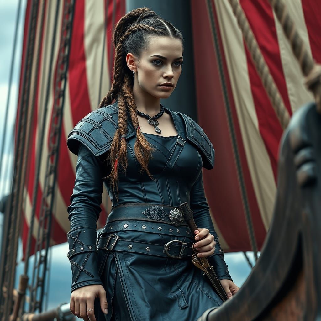 Hyperrealistic Viking Warrior on Longship