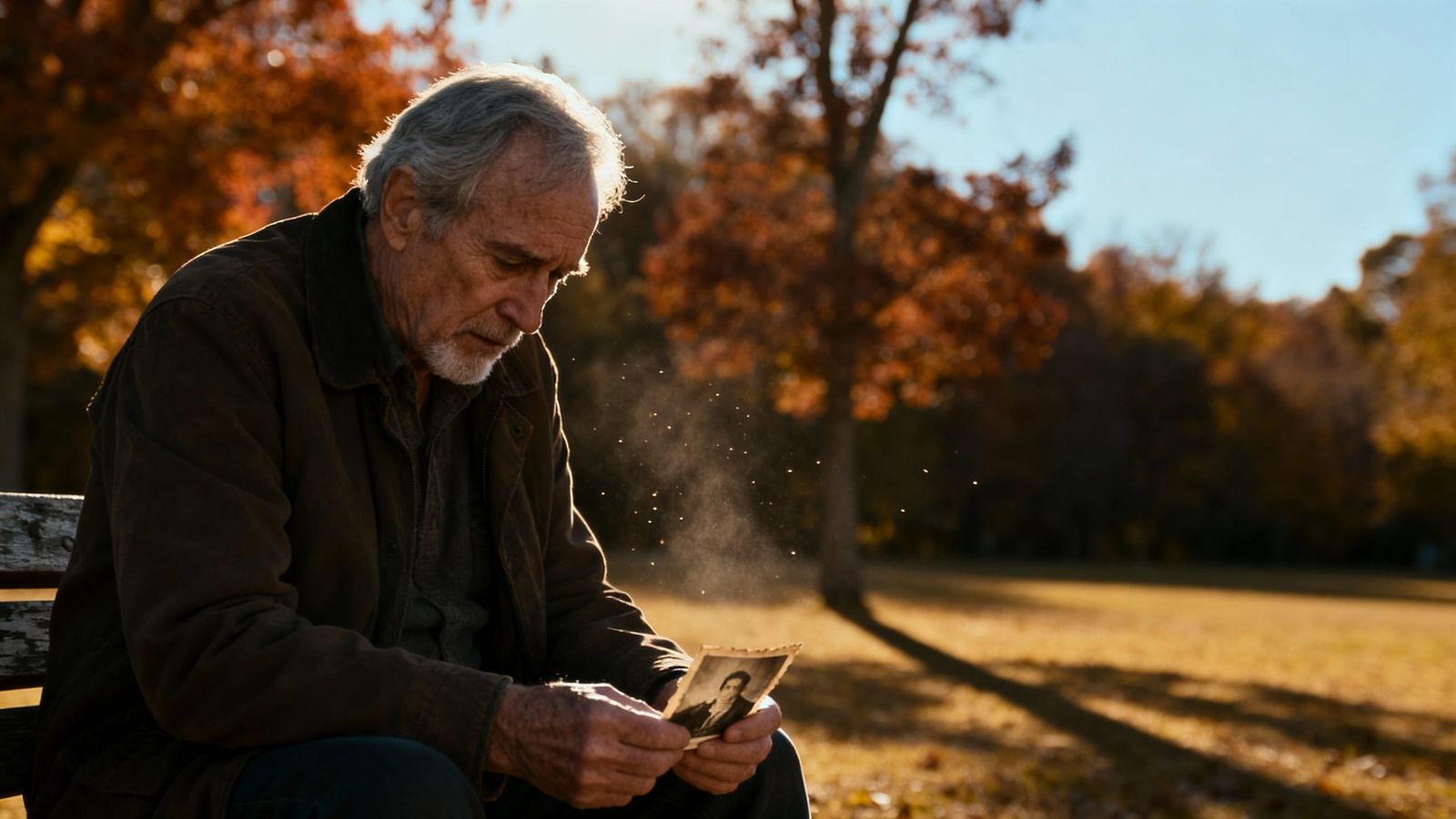 Lonely Old Man Gazes at Photo on Park Bench