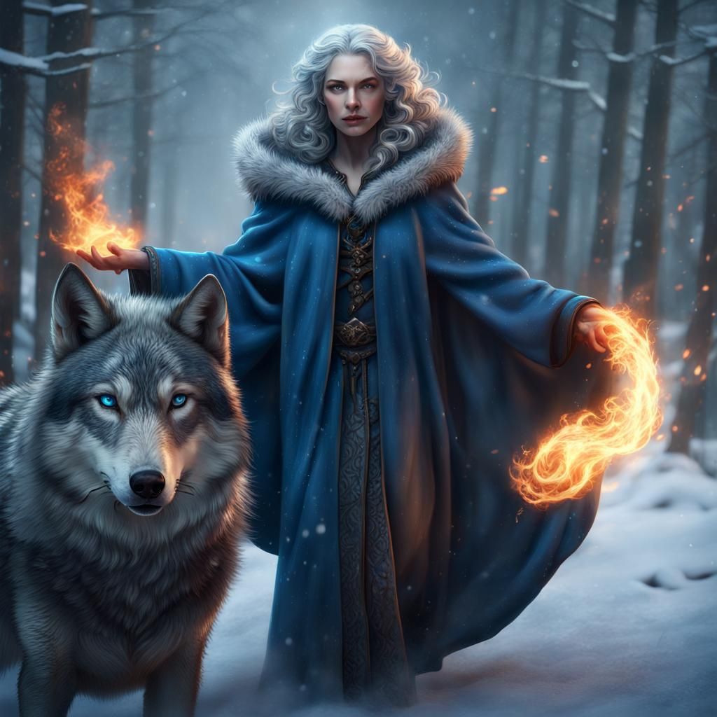 Mage and Wolf Protecting Children with Magic Fire