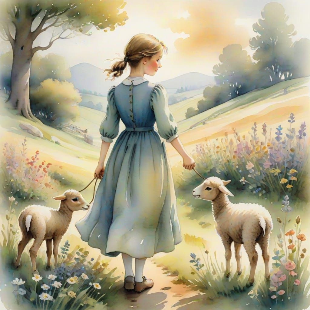 Young Girl Surrounded by Whimsical Creatures in a Serene Fie...