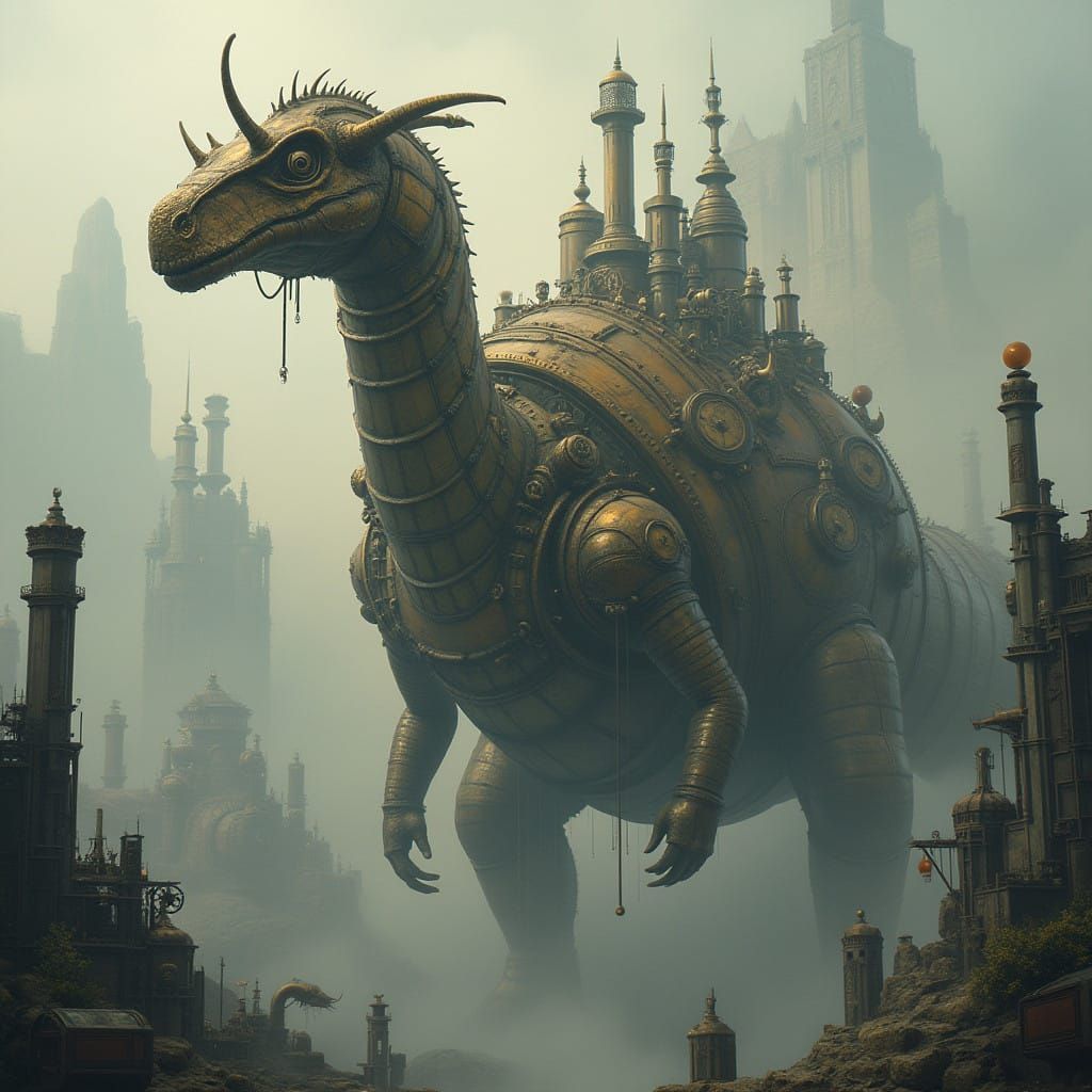 Apatosaur in a Victorian Steampunk Metropolis