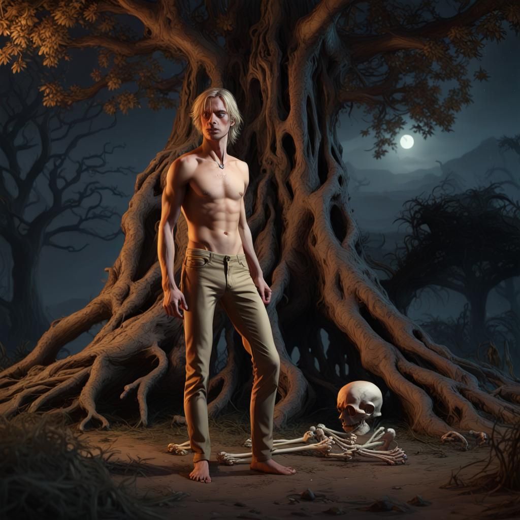 Dark Fantasy: Blond Man with Skeleton, Detailed Art