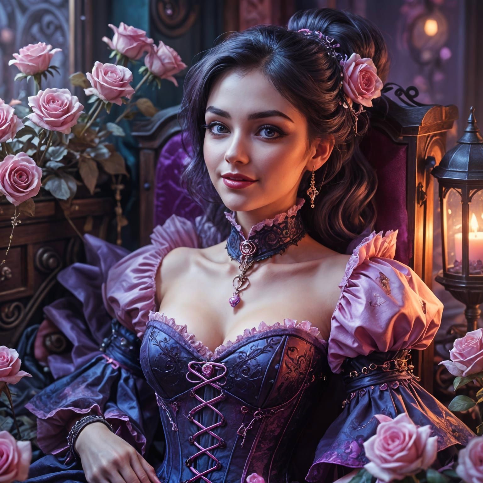 Valentine Vampire Surrounded by Roses in Steampunk Coffin