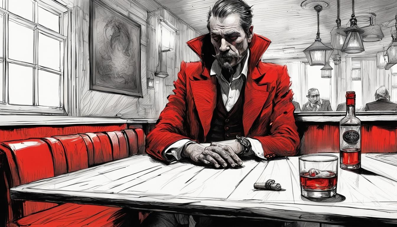 Gentleman in Red Raven Tavern, Color Pencil Line Art
