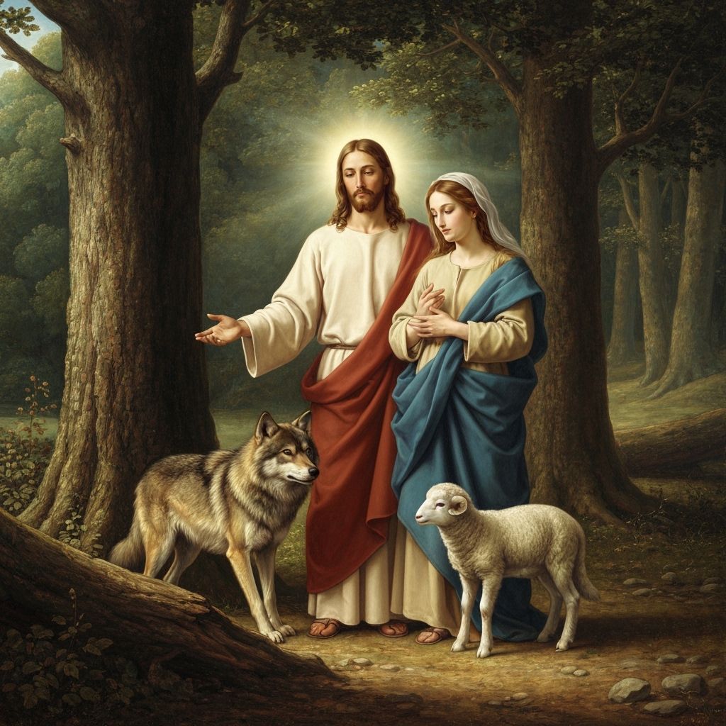 Jesus and Mary Magdalene in Forest with Wolf and Lamb