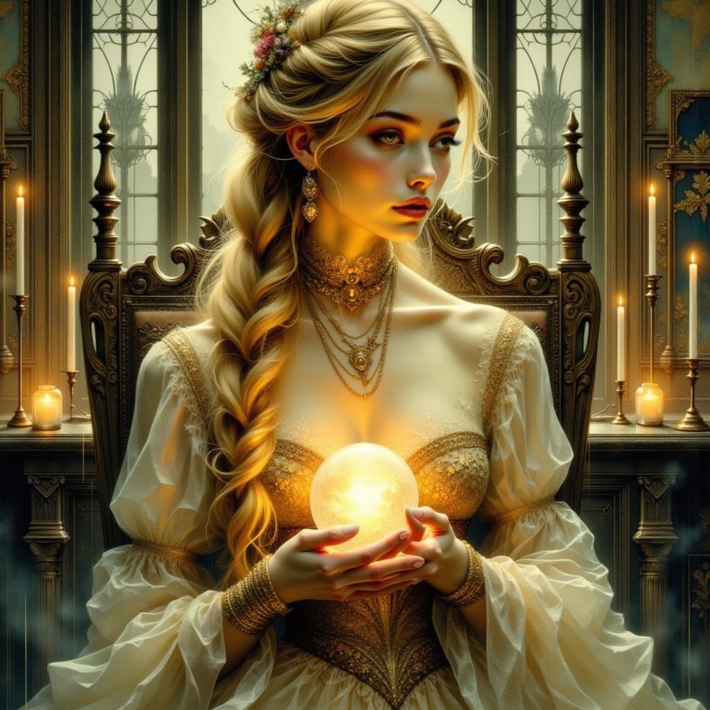 Victorian Woman Holding Orb in Pre-Raphaelite Style