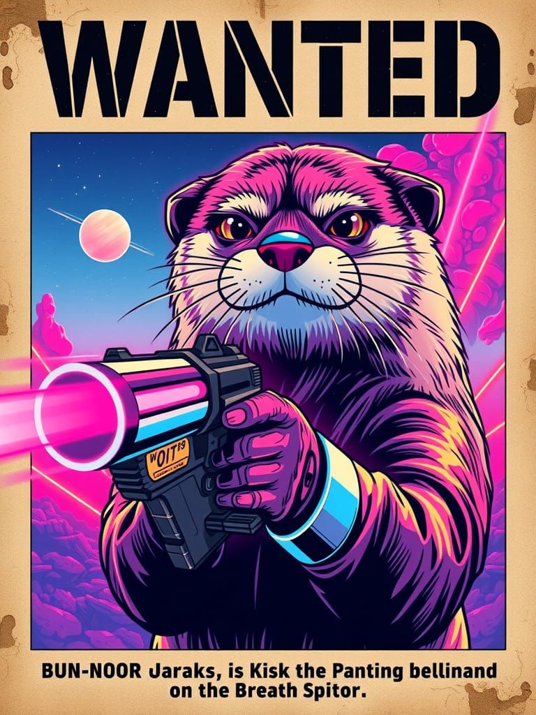 Synthwave Wanted Poster: Space Otter with Laser Gun