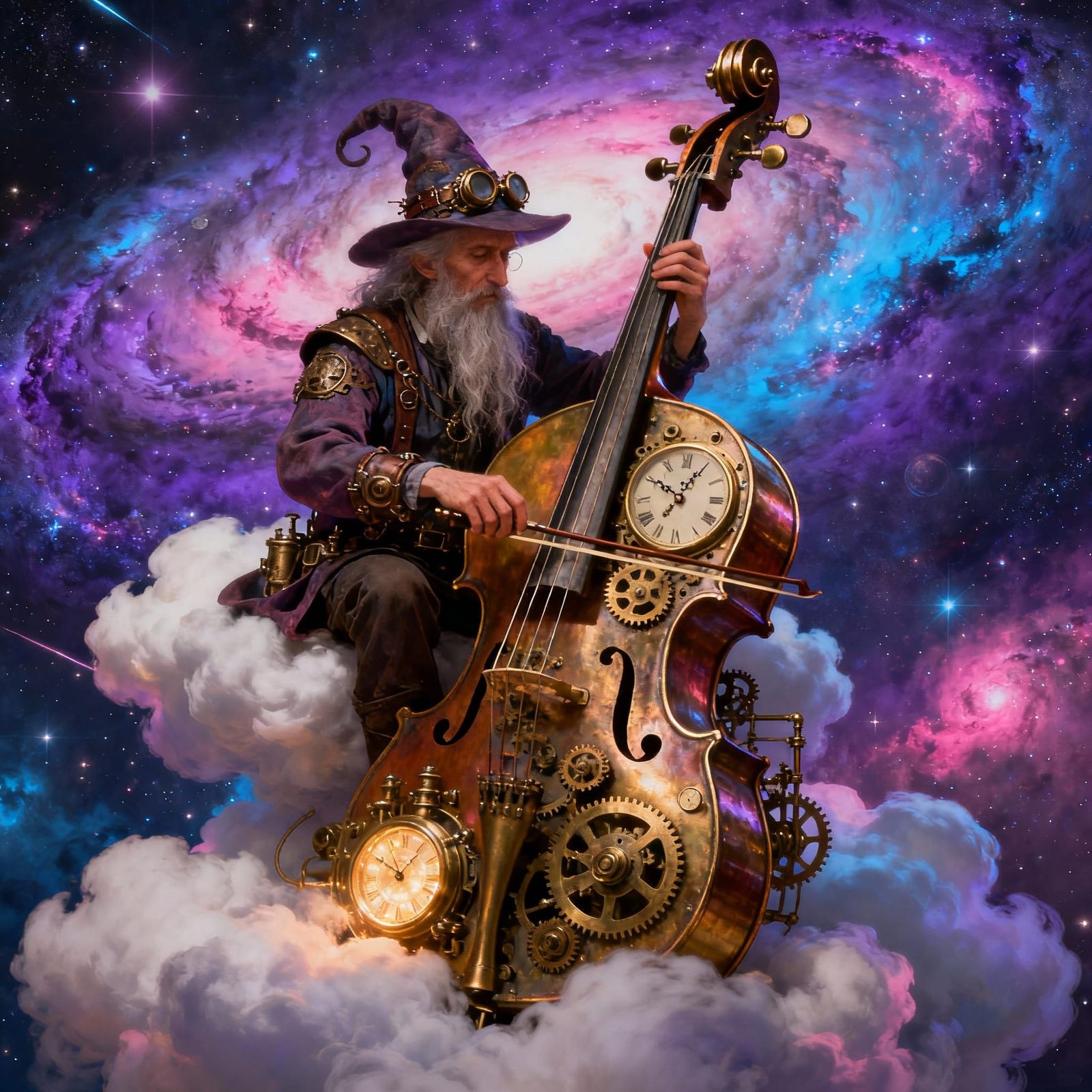Steampunk Wizard Tunes Clockwork Cello on Cosmic Cloud
