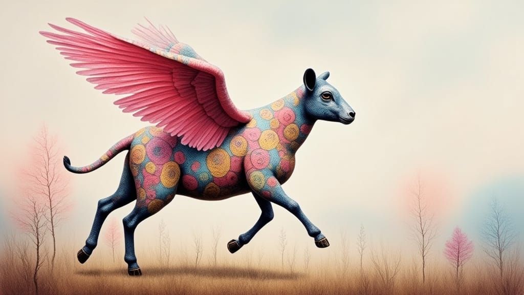 Vibrant Dubuffet-Inspired Sheep Take Flight in Pastel Landsc...