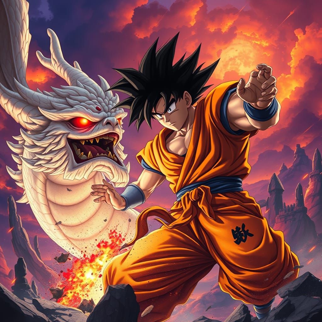 Goku Battles Fierce Red-Eyed Dragon in Dark Fantasy Epic