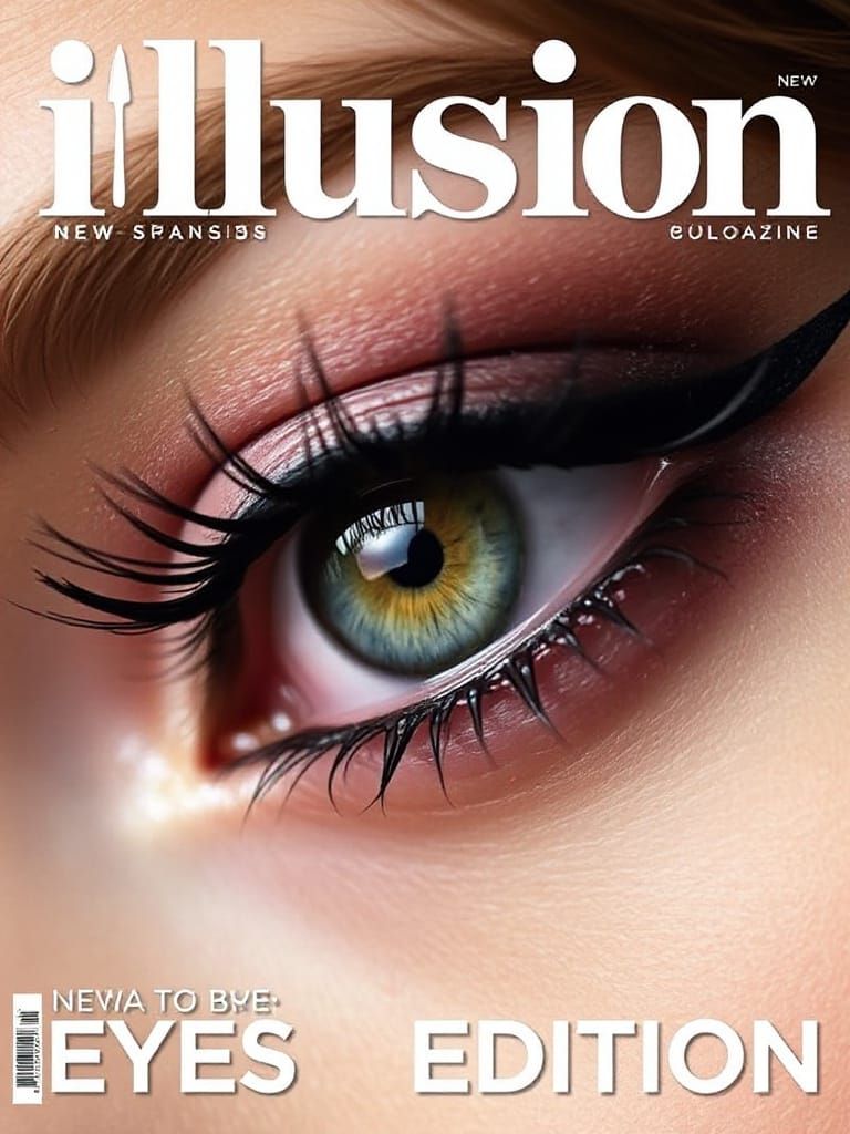 Magazine cover showing a macro close up of a heavily made up eye - header 'Illusion ' footer 'Eyes Edition '