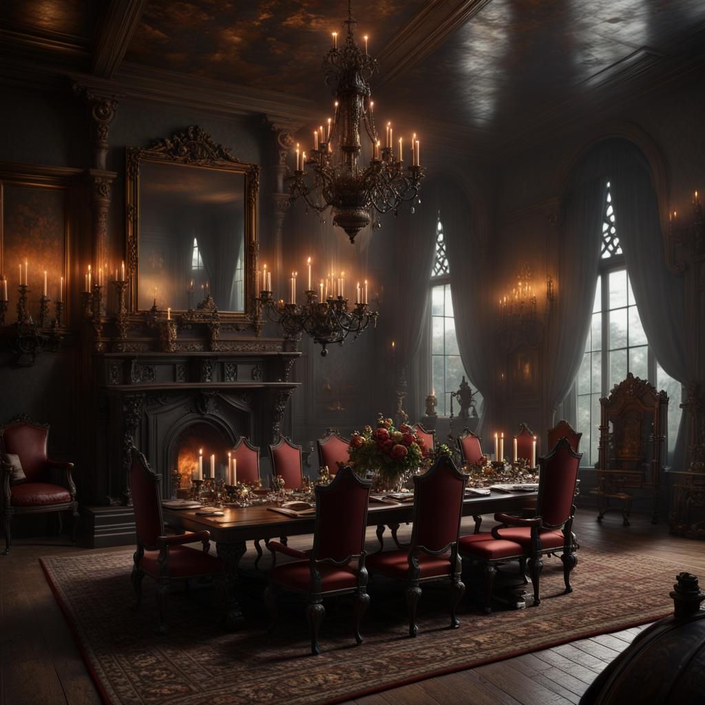 Spooky English Castle Dining Room in a Storm