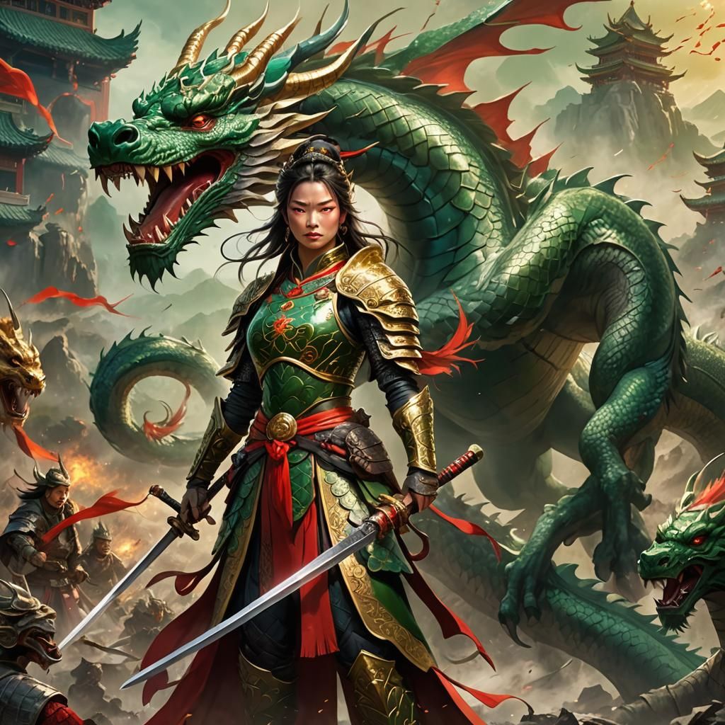 Chinese Warrior Princess and Dragon on Battlefield