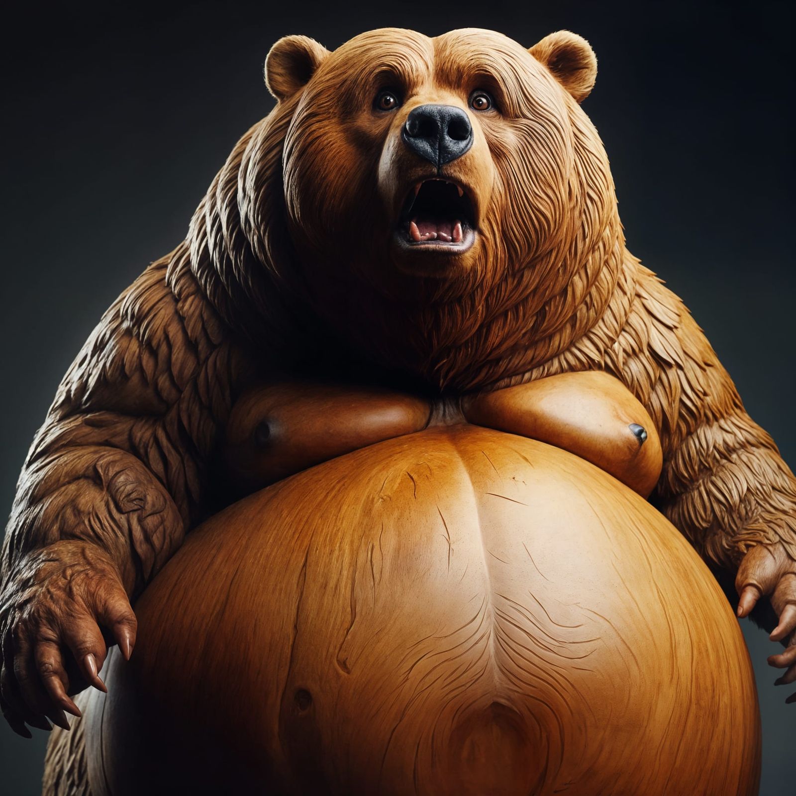 Carved Wooden Obese Kodiak Bear Sculpture