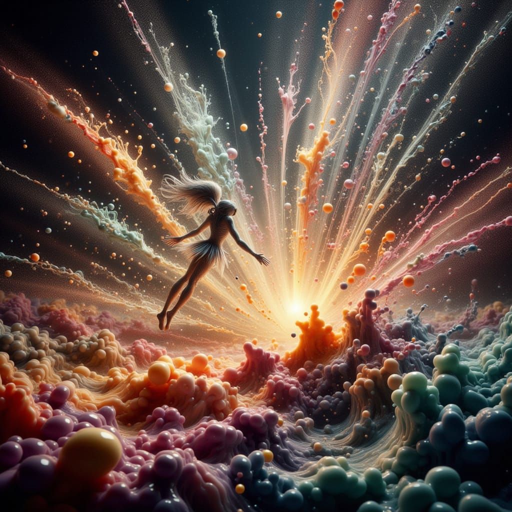 Cosmic Liquid Explosion with Metallic Paint Splashes