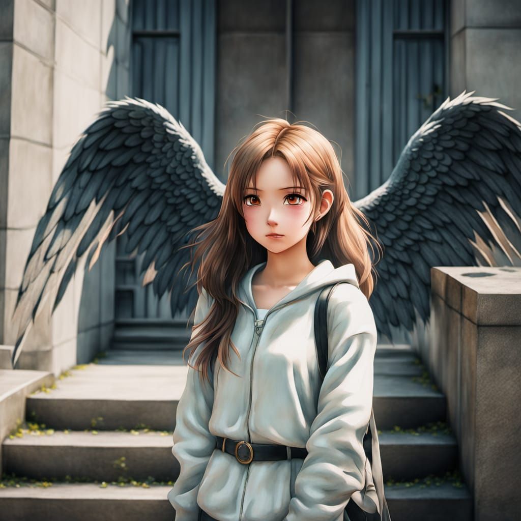 Anime Woman With Angel Wings on Concrete Steps