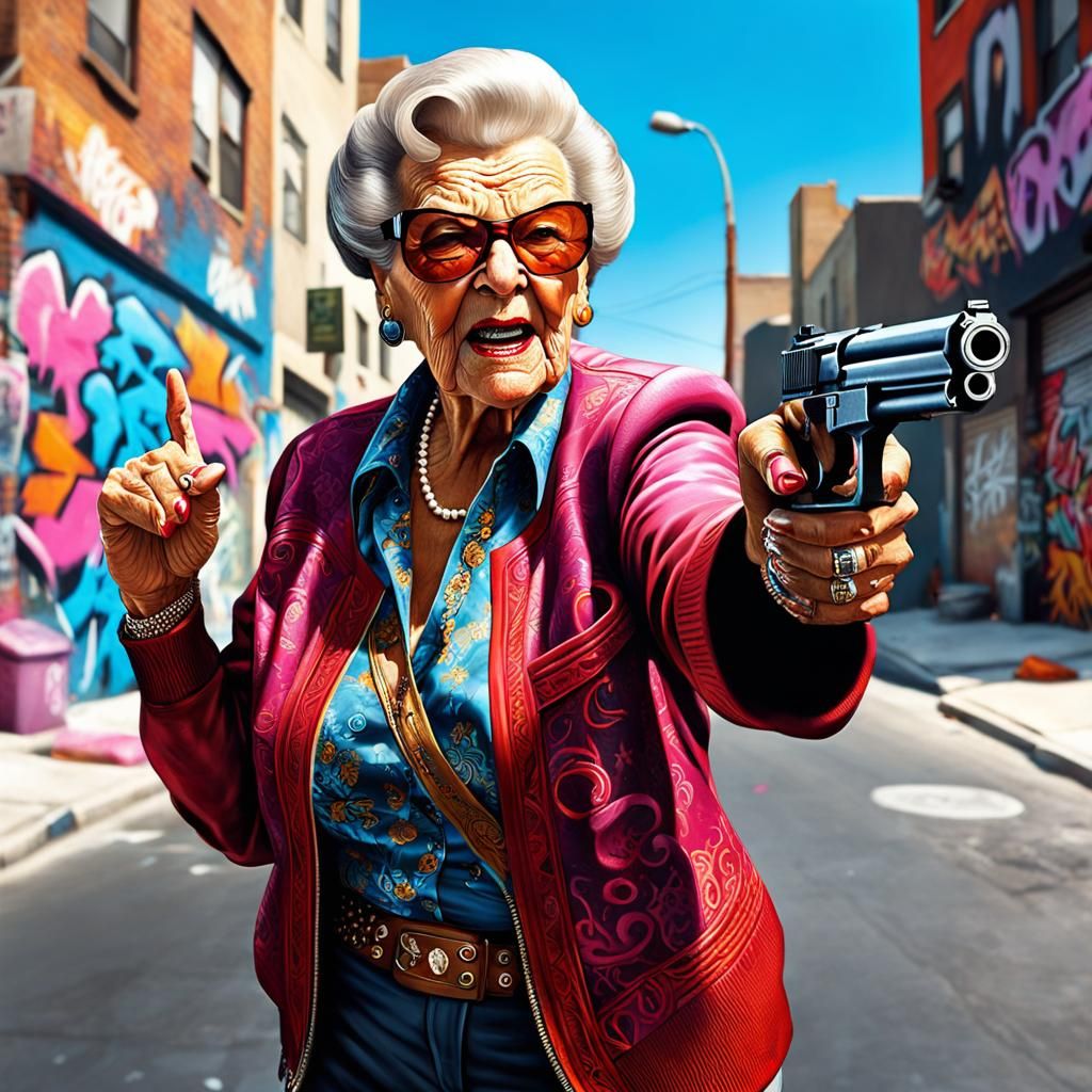Gritty Granny: Hyperrealistic Gun Action in Cityscape