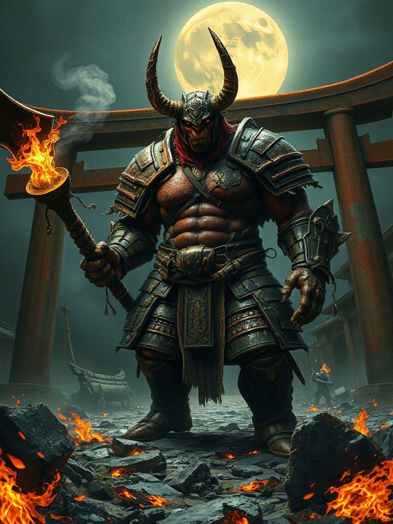 Armored Oni Warlord Emerges from Torii Gate